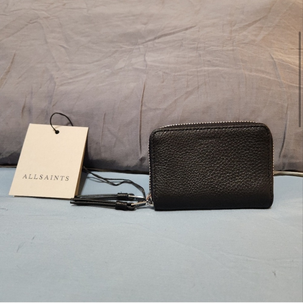 AllSaints Black Pebbled Leather Zip Wallet with Tassel Pull